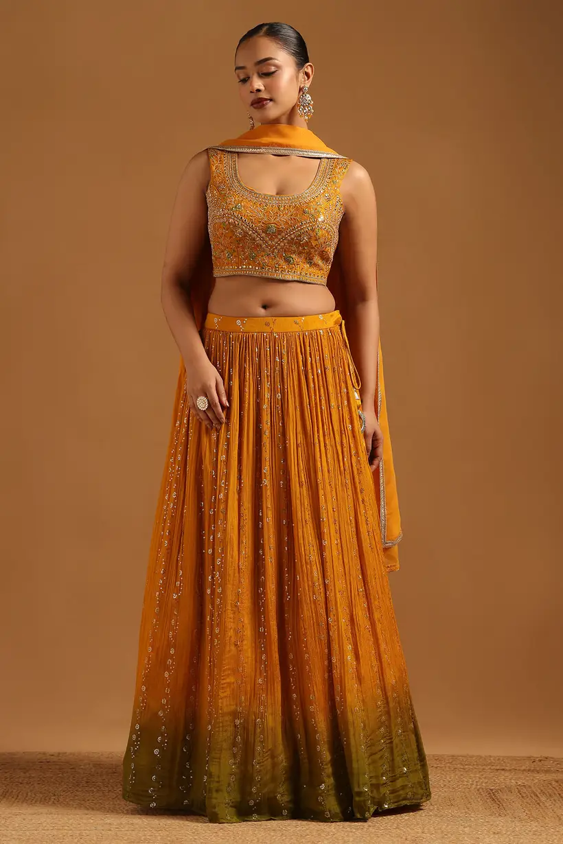 Mustard Dupion Floral Lehenga With Zari Embroidery and Mirror Work